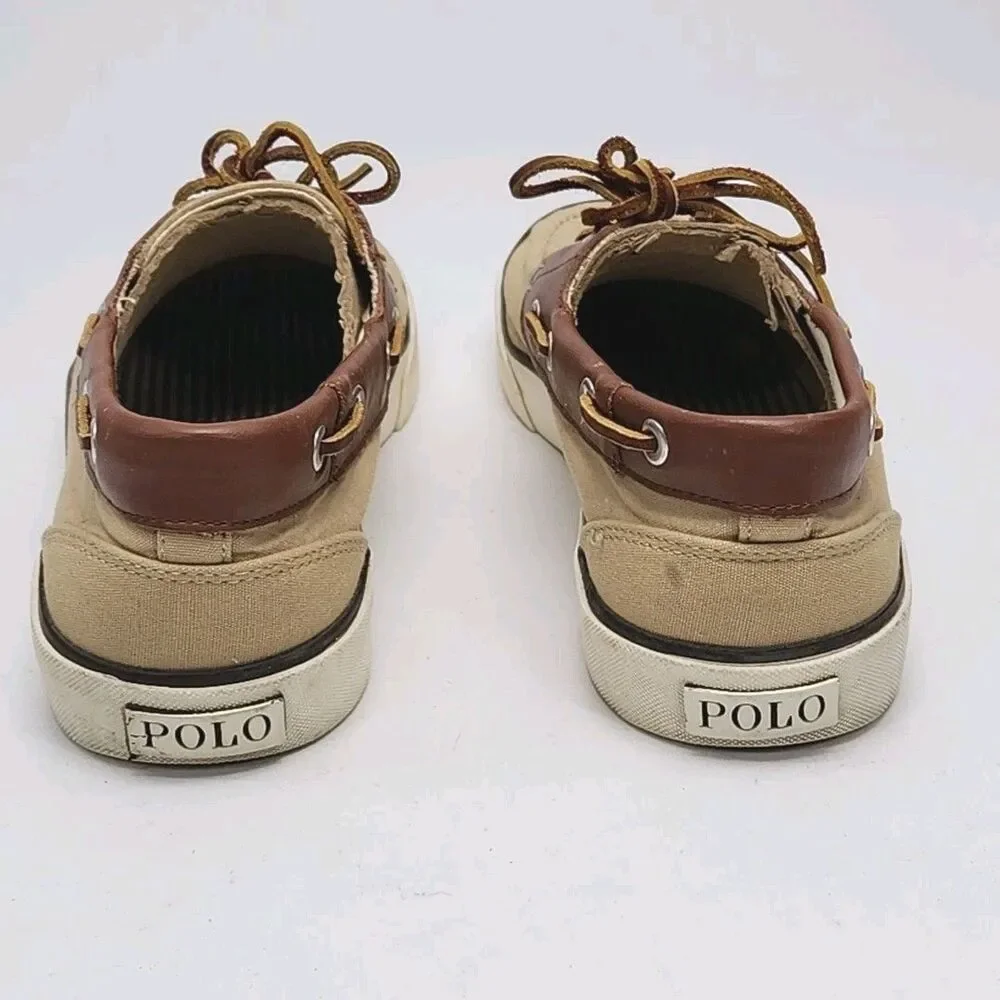 Polo Ralph Lauren Boat Shoes Men Sz 9.5 D Tan Brown Canvas Leather Rylander